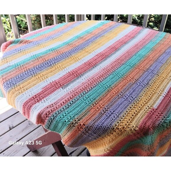 Handmade Crochet Pastel Striped Blanket Throw 60" X 50" Soft Cotton Blend Lightw - Picture 1 of 2